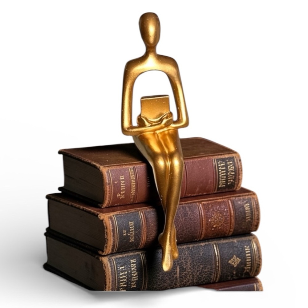 Abstract Modern Statue Figurine Gold Tone Shelf Sitter Woman Reader Holding Book